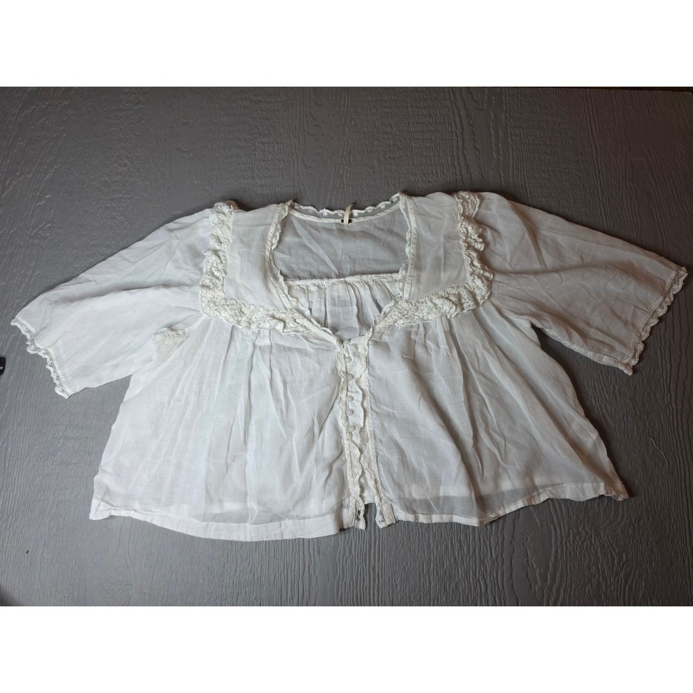 Free People White Lace Trim Gauze Babydoll Blouse Boho Short Sleeve Top Small